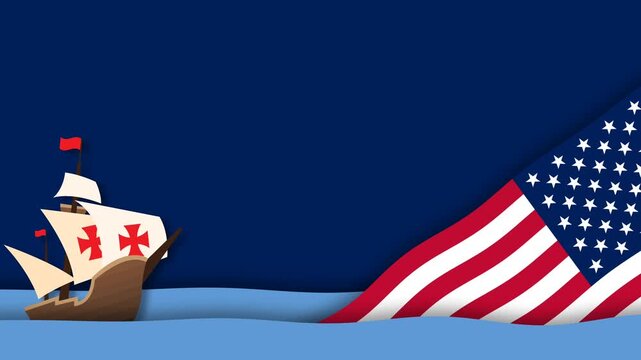 Columbus Day Celebration Background with Ship and American Flag.