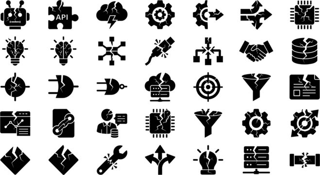 Set of broken technology and business icons representing system failure, error, and technical issues