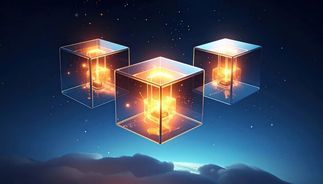 Three glowing glass cubes floating in space above clouds