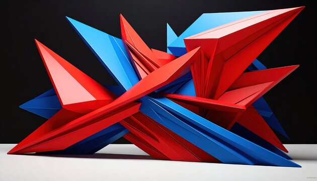 Abstract red and blue geometric sculpture on black background