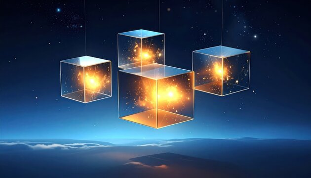 Futuristic energy cubes suspended in space above clouds