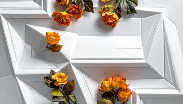 Orange flowers on white geometric 3D wall panel
