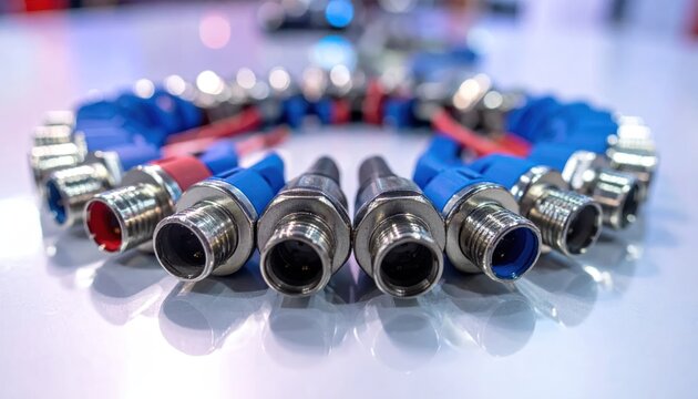 Industrial circular electrical connectors arranged on white surface