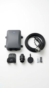 Portable EV Charger with Interchangeable Plug Adapters Isolated on White