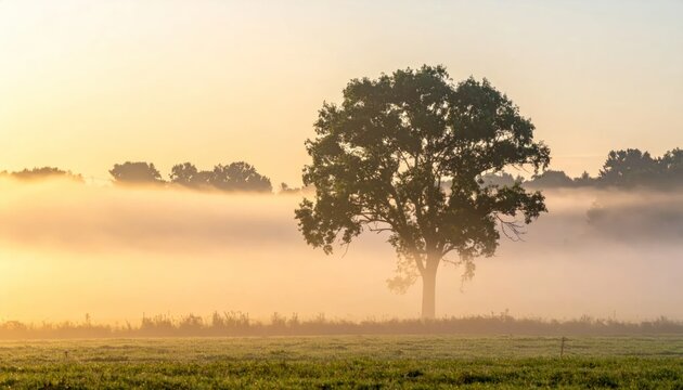 Solitary tree in misty field at golden sunrise