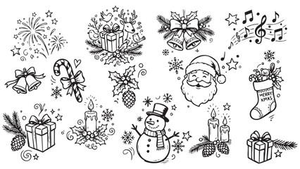 Fototapeta premium Collection of hand drawn christmas holiday elements in a black and white silhouette