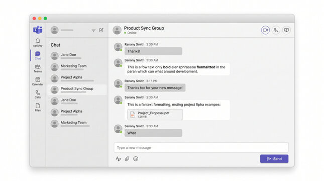 Microsoft desktop chat application interface mockup for remote team collaboration featuring a clean sidebar navigation, group conversation window, messaging bubbles