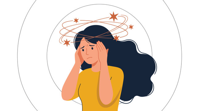 Stressed woman experiencing intense headache or dizziness depicted through this flat vector illustration featuring orbiting stars and minimal graphic design