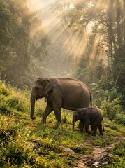 Fototapeta premium Majestic Asian Elephant Mother and Calf Walking Through Sunlit Tropical Jungle Forest with Sunbeams