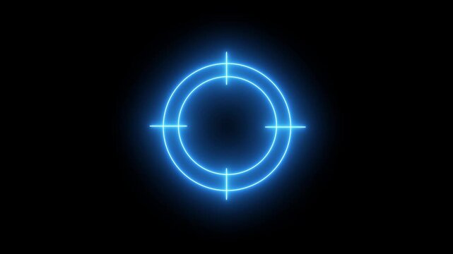 Glowing neon red crosshair target scope icon for aiming and shooting games isolated on dark background 4k animation with alpha.