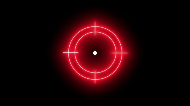 Glowing neon red crosshair target scope icon for aiming and shooting games isolated on dark background 4k animation with alpha.