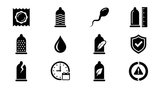 Set of black vector icons representing safe sex, contraception methods and sexual health.