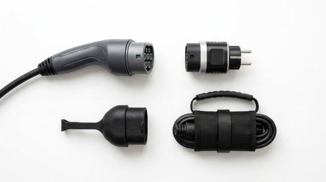 Set of EV Charging Plug Adapters and Connector Couplers Isolated on White