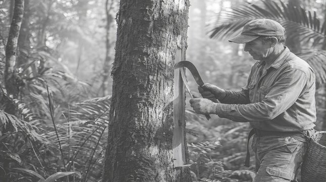 Rubber tapper harvesting natural latex from a tree in a tropical rainforest plantation