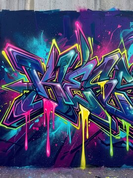 Vibrant Neon Graffiti Art with Colorful Paint Drips and Splatters on Urban Concrete Wall