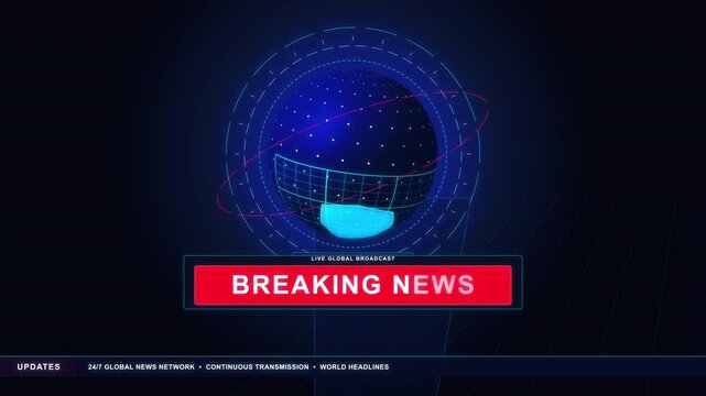 Breaking news template intro for tv broadcast news show program with 3D text and badge, against global digital earth globe