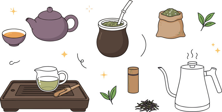 Traditional tea ceremony culture and yerba mate ritual vector illustration set with purple clay teapot wooden chaban tray gourd bombilla and gooseneck kettle.