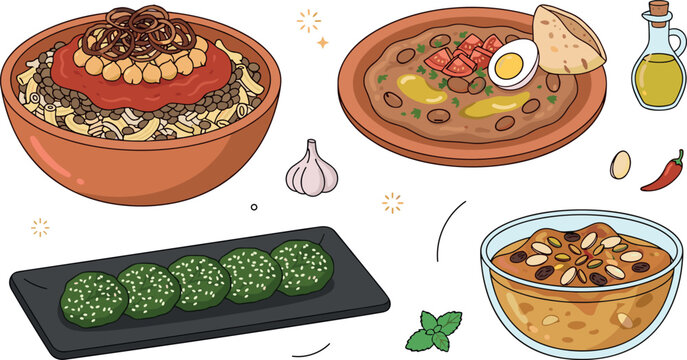 Traditional Egyptian food and Arab cuisine vector illustration set with kushari bowl ful mudammas falafel taameya and sweet om ali dessert graphics.