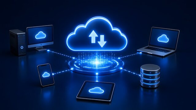 Cloud computing synchronization concept with glowing cloud icon connecting various devices and storage servers