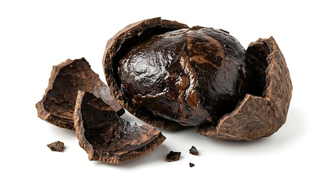 Dried mangosteen fruit with cracked dark brown shell on white background.