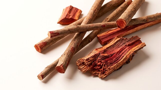 Dried madder root pieces on a white background.
