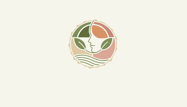 Circular logo design featuring a stylized female face profile integrated with leaves and waves in soft earthy tones.