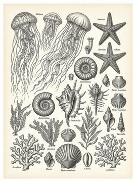 Vintage Marine Life Scientific Illustration with Jellyfish Starfish Shells and Coral Engraving Style