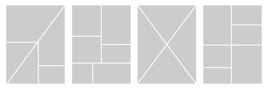 Set of collage grid manga comic storyboard layout panel blank template. Empty page frame for comic book, photo collage, poster, flyer. Vector illustration