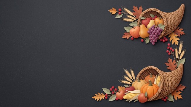 Two cornucopia baskets filled with colorful autumn fruits and vegetables on a dark background