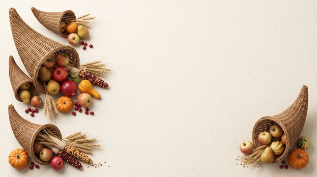 Four cornucopia baskets filled with fresh harvest fruits and vegetables on a white background