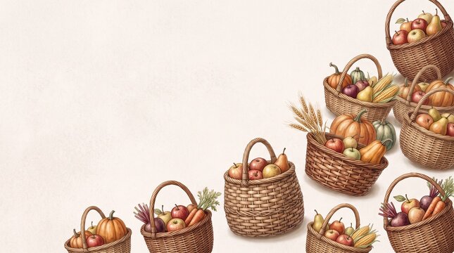 Many woven wicker baskets filled with fresh organic vegetables isolated on a white background