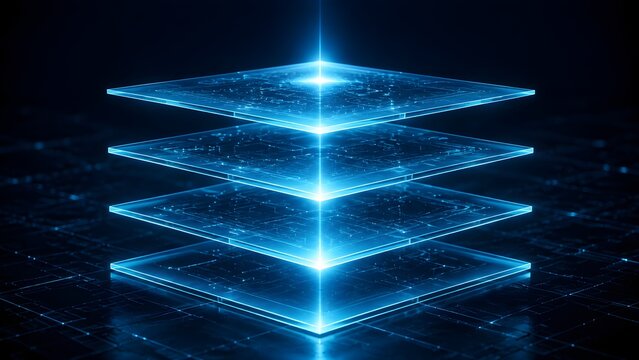 Abstract digital technology stack with glowing blue layered circuit boards and cyberspace grid background
