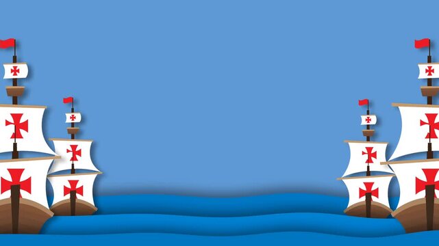 Animated Columbus Day Background Frame with Sailing Ships on Ocean Waves.