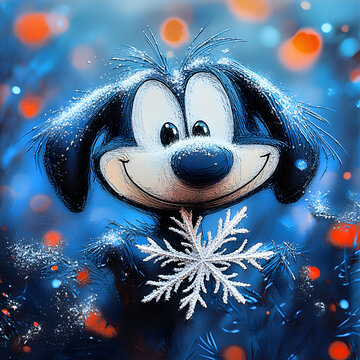 Cute Blue Cartoon Dog in Winter with Snowflake