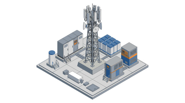 Creative Isometric of Modern Telecommunication Base Station with Cell Tower Equipment Racks and Network Devices