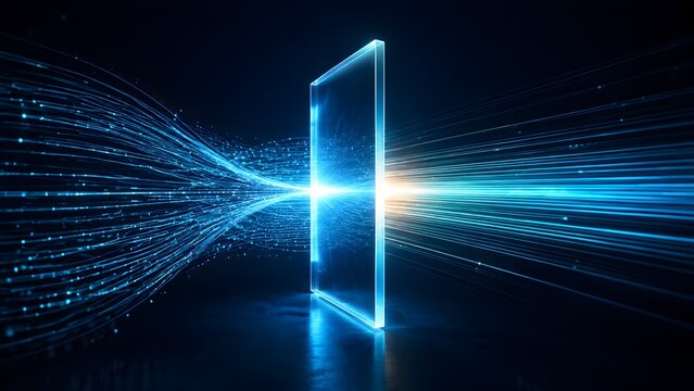 Digital data stream passing through a glowing glass portal representing fiber optic technology and high speed transmission