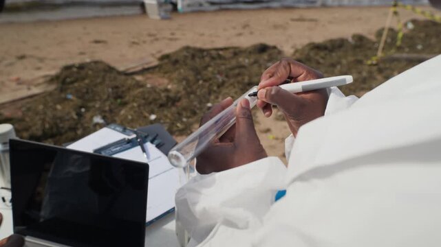 African American scientists analyzing ecological disaster data on laptop and labeling water test tube outdoors. Ideal for environmental research documentaries and pollution awareness projects