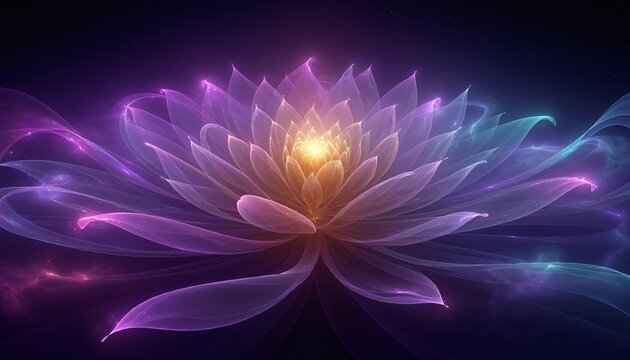 A radiant purple lotus flower, blooming beautifully with a golden center, against a dark background.