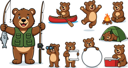 Fototapeta premium Cute Cartoon Bear Character Camping and Fishing Vector Icon Set Featuring Outdoor Adventure Activities Campfire Tent Canoe and Forest Wildlife Graphics
