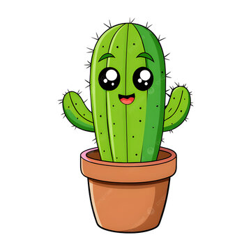Cute cartoon cactus in a pot, happy succulent plant character with big eyes illustration.