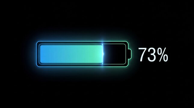 Glowing digital battery icon showing seventy three percent charge on black