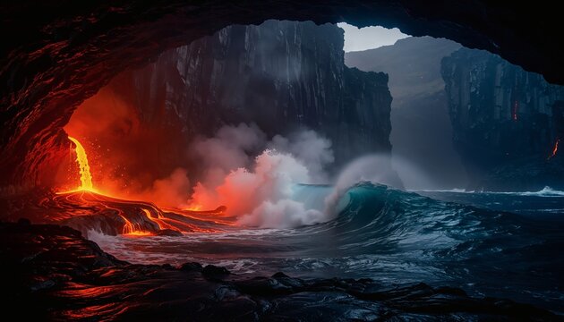 Dramatic collision of fiery volcanic lava and roaring ocean waves inside dark sea cave.