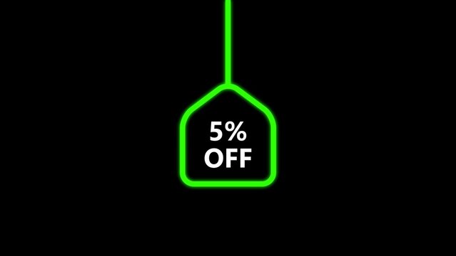 Green neon 5 percent off tag hanging against a black background discount sale