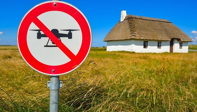 Red circular no drone zone prohibition sign in front of rural thatched cottage field.