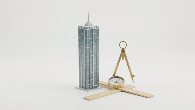 Creative illustration featuring a skyscraper next to a compass and drafting tools on transparent background