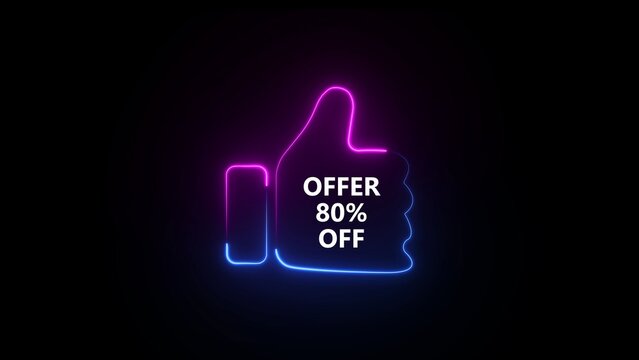 Neon thumbs up symbol with 80 percent off offer on black background like approval