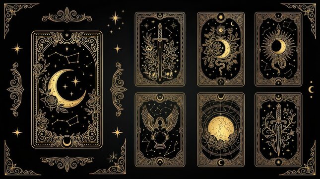 Gold Mystical Tarot Card Set with Celestial Moon, Stars, and Occult Symbols on Black Background