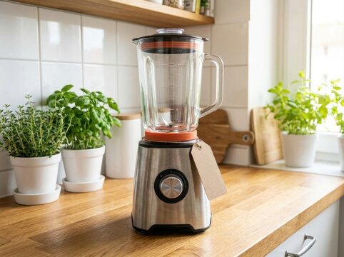 refurbished small household appliance Stainless steel blender on wooden kitchen counter with herbs and sunlight.