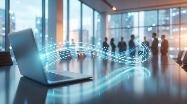Laptop in modern office interior with flowing digital light trails representing information transfer and connectivity with blurred business team working in the background space