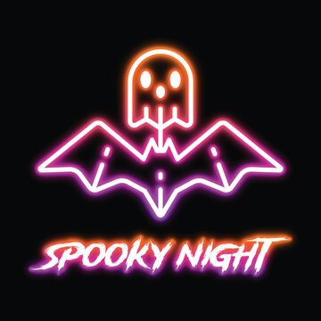 Neon spooky night halloween sign with glowing orange ghost skull and pink bat on dark background